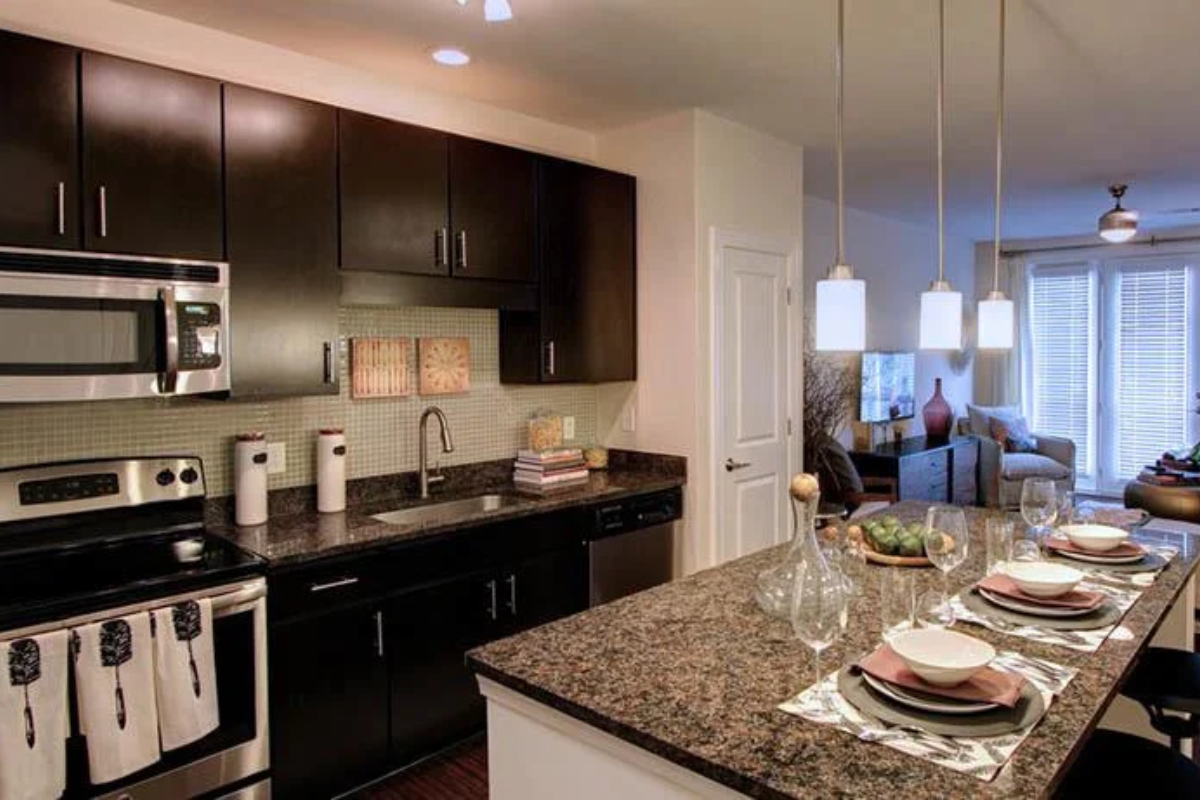 Modern open-concept family home interior with a granite island kitchen, dark cabinetry, stainless steel appliances, and a dining area set for a family meal — showcasing TNT Housing Development's 3D concrete printed family housing in North Carolina